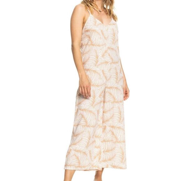 Roxy Close to You Palm Print Tie Back Wide Leg Jumpsuit Women's Tan Size M NWT - Picture 2 of 8